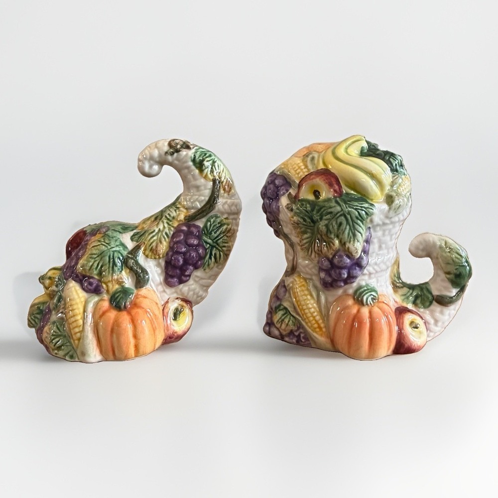 Vtg 90s OCI Cornucopia Salt Pepper Shakers Harvest Fruit Thanksgiving Ceramic